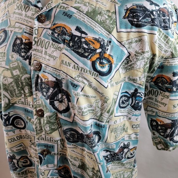 Dem Crazy Shirt Mens Medium Blue Button Up Camp Motorcycle Road Trip Travel - Picture 3 of 6